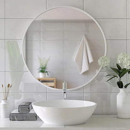Sunniry White Circle Mirror, Round Mirror 20 inch, White Round Mirrors Matte Metal Frame, Circle Mirrors for Bathroom, Bedroom, Living Room, Hallway.