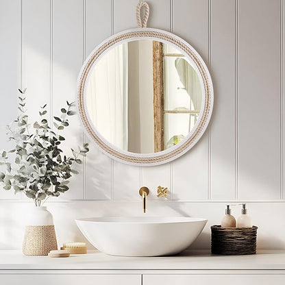 Nautical Round Wall Mirror with Rope 20'' White Circle Hanging Mirror Nursery Coastal Beachy Wall Mirror Decorative Mirror for Bathroom,Livingroom,Entryway-Nautical Theme Décor