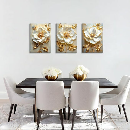 Modern White Floral Golden Leaves Canvas Wall Art Set, Neutral 3d Textured Flowers Wall Painting Pictures Boho Beige Blossom Wall Decor Posters Print Artwork for Bedroom Living Room Office 16x24x3Pcs