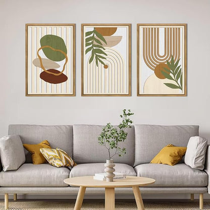 DRACIT Large Boho Minimalist Geometric Wooden Framed Canvas Wall Art Set,Neutral Sage Green Beige Wall Decor,Modern Mid Century Leaf Wall Sculptures for Living Room,Bedroom,Office-16 x24 x3