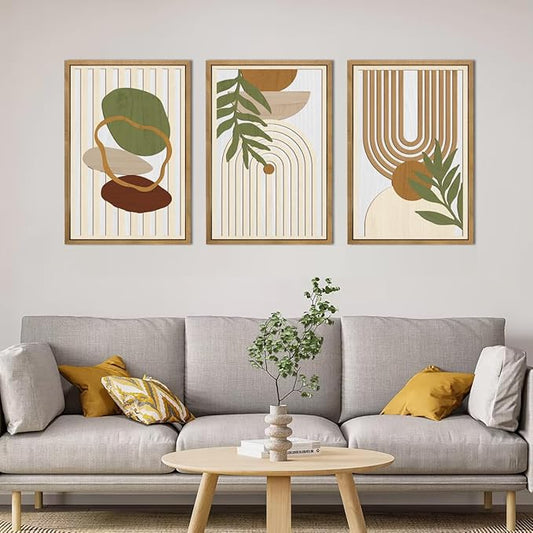 DRACIT Large Boho Minimalist Geometric Wooden Framed Canvas Wall Art Set,Neutral Sage Green Beige Wall Decor,Modern Mid Century Leaf Wall Sculptures for Living Room,Bedroom,Office-16 x24 x3
