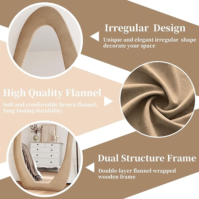 Irregular Full Length Mirror, 63"x24" Flannel Full Body Mirrors, Velvet Floor Mirrors with Stand, Irregular Wavy Mirror Hanging or Leaning Against Wall for Bedroom Living Room, Brown