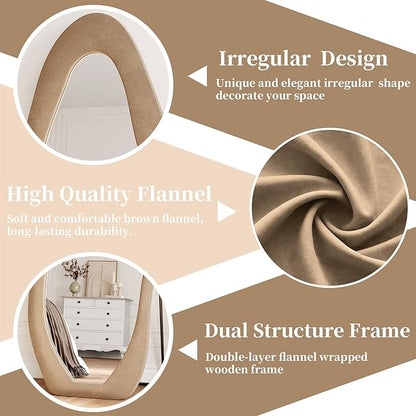 Irregular Full Length Mirror, 63"x24" Flannel Full Body Mirrors, Velvet Floor Mirrors with Stand, Irregular Wavy Mirror Hanging or Leaning Against Wall for Bedroom Living Room, Brown