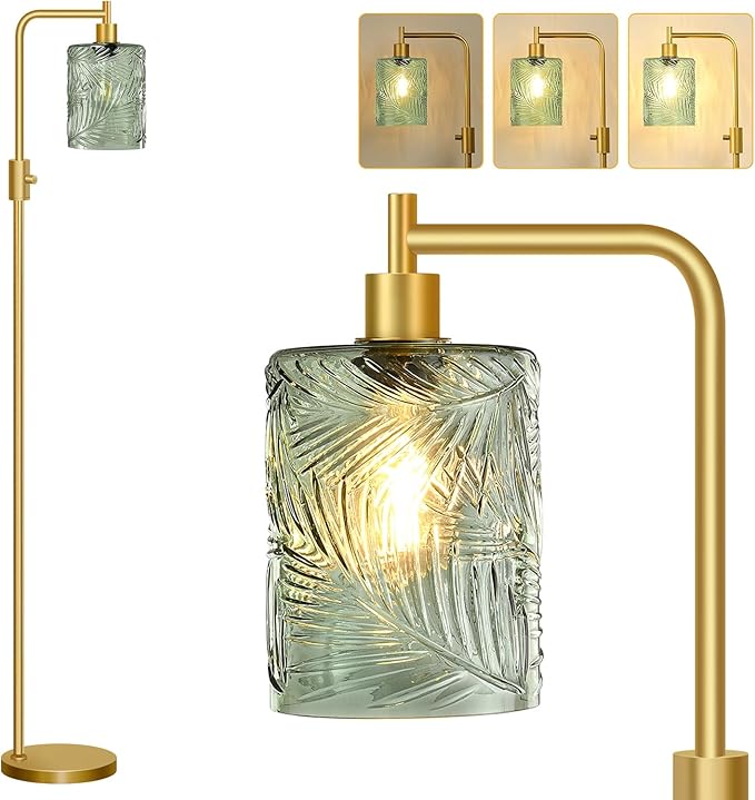 【Upgraded】 Dimmable Glass Floor Lamp for Living Room, Modern Gold Standing Lamp with Green Feather Glass Lampshade & Knob Dimmer, Arc Tall Lamp for Bedroom Office Reading Room, 2700K Led Bulb Included