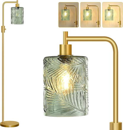 【Upgraded】 Dimmable Glass Floor Lamp for Living Room, Modern Gold Standing Lamp with Green Feather Glass Lampshade & Knob Dimmer, Arc Tall Lamp for Bedroom Office Reading Room, 2700K Led Bulb Included