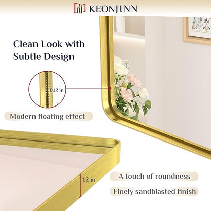 Keonjinn Gold Bathroom Mirrors for Over Sink, 40” x 30” Brushed Brass Mirror, Large Rounded Rectangle Gold Vanity Mirror with Metal Frame, HD Tempered Glass Modern Wall Mirror(Horizontal/Vertical)