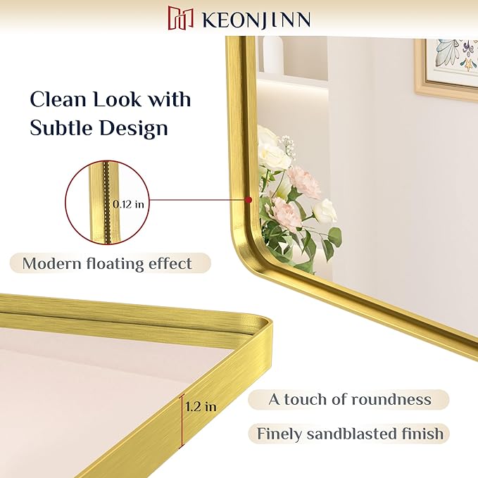 Keonjinn Gold Bathroom Mirrors for Over Sink 42” x 36” Large Brushed Brass Metal Framed Mirror, Rounded Rectangle Bathroom Vanity Mirror, HD Tempered Glass Modern Mirror for Wall(Horizontal/Vertical)