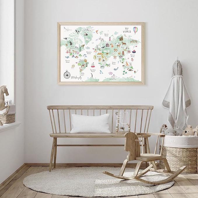 Joocrise Green Kids World Map Wall Art Animal Map Canvas Art Nursery Wall Decor World Map Poster Childrens Room Decor Playroom Prints Educational Artwork 16x24 Inch Wood Frame