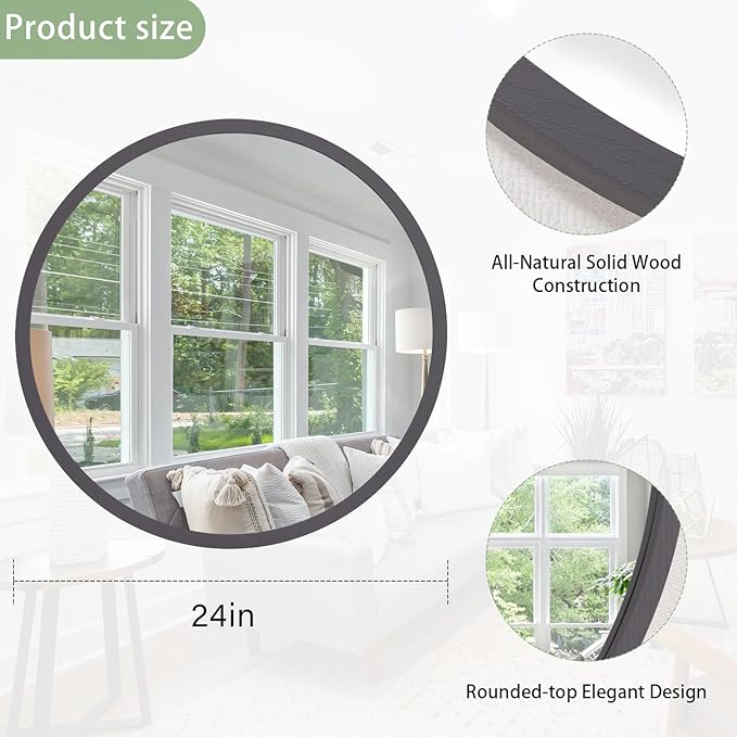 JJUUYOU Large Round Mirrors for Wall Circular Mirror for Bathroom 24 Inch Mirror Wood Framed Round Bathroom Make up Mirrors for Living Room Wall Mounted Bedroom Dorm