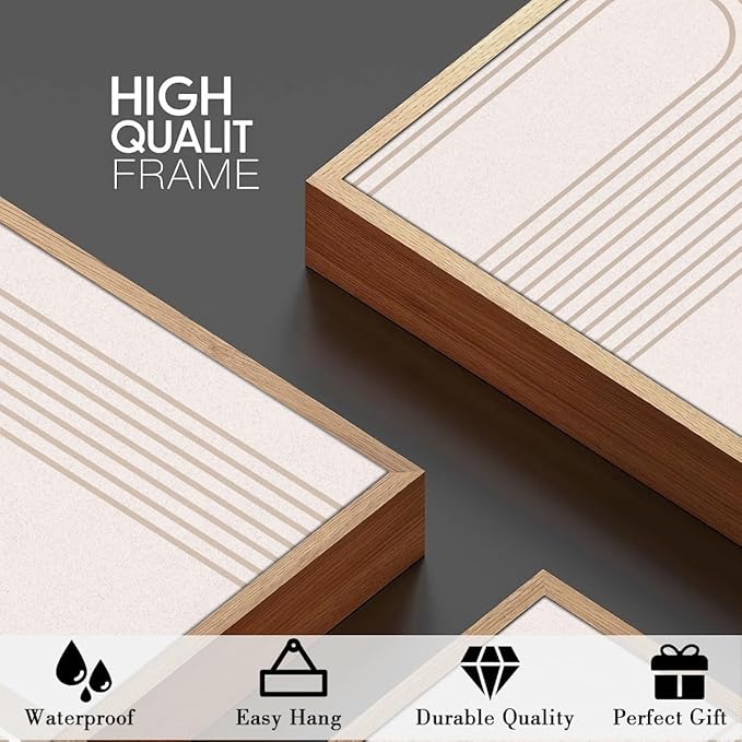 ANHUIB Extra Large Neutral Boho Abstract Canvas Wall Art Set of 3 Framed Mid Century Modern Wall Decor Beige Geometric Line Artwork Minimalist Prints 24x36 Inch Painting for Living Room Bedroom Dining Room Office