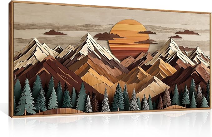 KAIRNE Woodcut Style Mountain Framed Canvas Wall Art Set,Wooden Pine Tree Wall Decor,Vintage Forest Landscape Art Prints,Nature Sunrise Artwork for Living Room,Bedroom,Farmhouse,Office-40 x20 x1