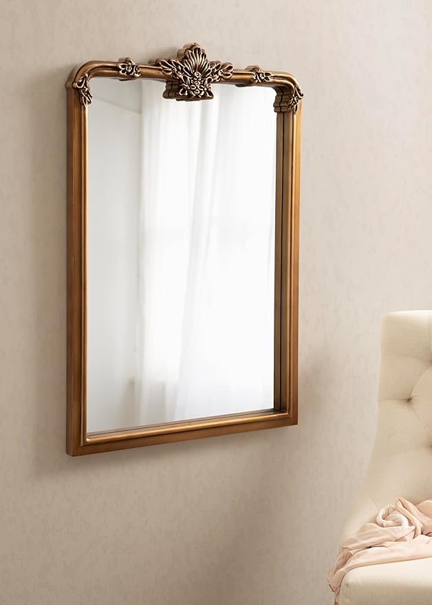 Kate and Laurel Elowyn Traditional Ornate Arched Mirror, 25 x 36, Gold, Vintage Arch Mirror with Baroque Details for Use as Bathroom Mirror or Fireplace Mantel Mirror