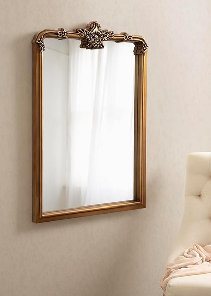 Kate and Laurel Elowyn Traditional Ornate Arched Mirror, 25 x 36, Gold, Vintage Arch Mirror with Baroque Details for Use as Bathroom Mirror or Fireplace Mantel Mirror