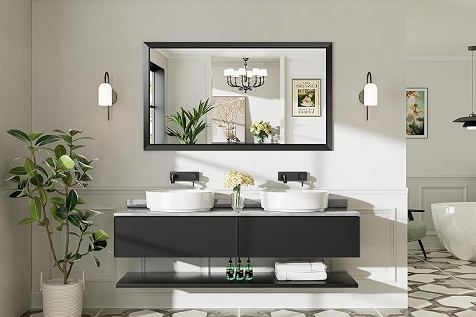 Briivue 55x32 Inch Black Bathroom Mirror for Wall, Thick Metal Framed Rectangle Mirrors for Over Sink, Bedroom, Living Room, Entryway, Anti-Rust, HD Tempered Glass