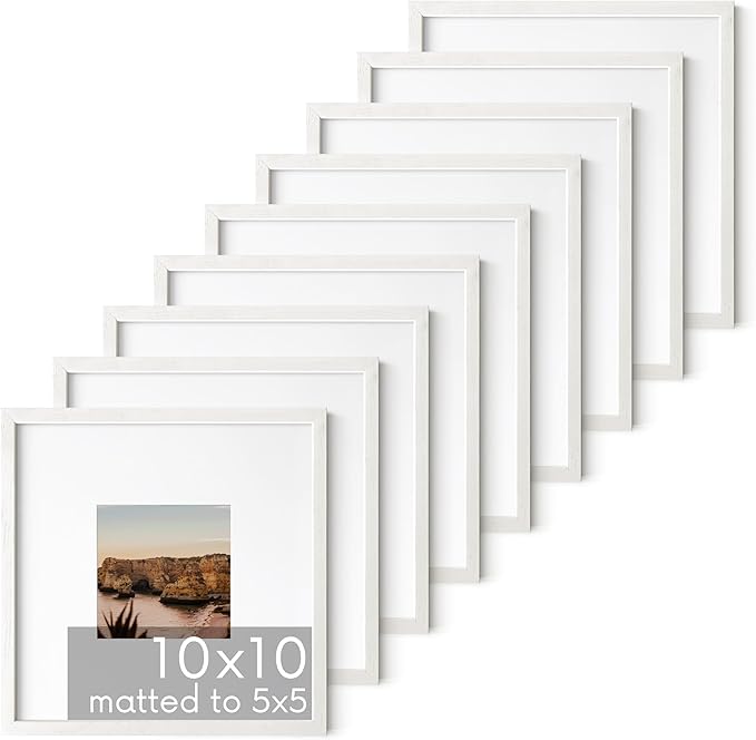 HAUS AND HUES White Oak Wood 10x10 Picture Frames - Set of 9, Square Frames with Mat, Modern White Frames for Photos and Posters (10x10 in, White, Set of 9)