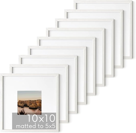 HAUS AND HUES White Oak Wood 10x10 Picture Frames - Set of 9, Square Frames with Mat, Modern White Frames for Photos and Posters (10x10 in, White, Set of 9)