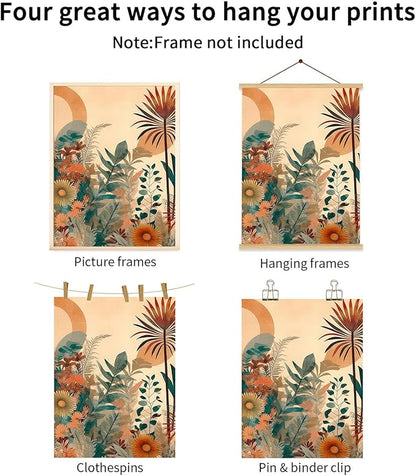 LYPHNX Boho Burnt Orange Botanical Floral Canvas Wall Art Abstract Terracotta Jungle Poster Pictures Set of 3 Flower Prints Painting Home Decor for Bathroom Bedroom Living Room 12"x16" Unframed