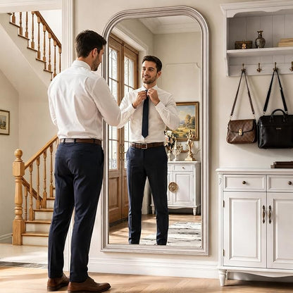 Full Length Mirror with Stand, 71"x32" Full Body Mirror, Floor Length Mirrors Wall Mounted with Rounded Top, Large Standing Mirrors, PU Frame, for Bedroom Living Room Cloakroom, Antique Sliver