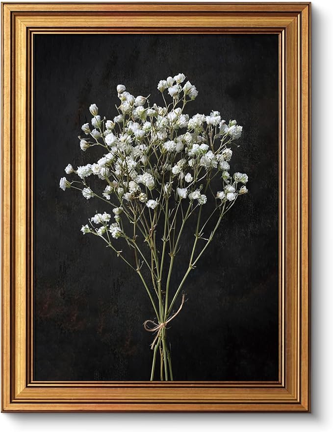 VIYYIEA Vintage Gold Framed Wall Art, Retro Dark Dried Wildflower Canvas, Aesthetic Classic Botanical Baby Breath Bouquet art, Victorian Wall Decor for Gallery Living Room Bathroom, 12x16inch
