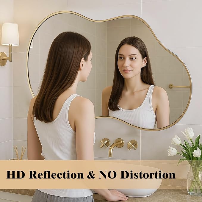 WEER Irregular Wall Mirror, 20x36 inch Gold Asymmetrical Wall Mounted Mirrors Decorative, Abstract Wavy Aluminum Alloy Frame for Bathroom, Bedroom, Living Room, Entryway
