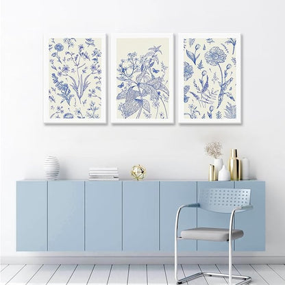 LYPHNX Framed Blue White Chinoiserie Floral Canvas Wall Art Navy Watercolor Flower Painting Posters Set of 3 Minimalist Botanical Wildflower Prints Picture Home Decor for Bedroom Living room 16"x24"