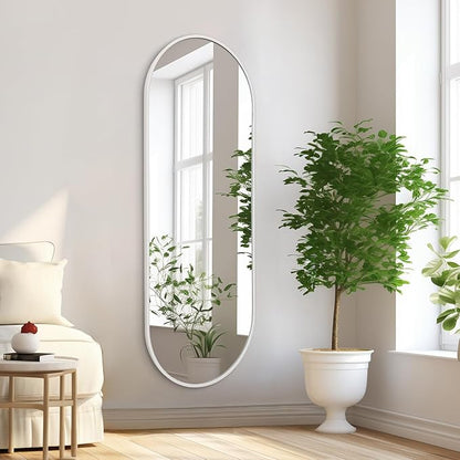 Oval Bathroom Mirror 48 x 16 Inch, Large White Full Length Mirror, Oval Pill Shaped Vanity Mirror Metal Framed Aluminum Frame Decor Vanity Living Room Entryway