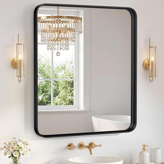 NEWBULIG 36X40 Inch Bathroom Mirror for Over Sink, Wall Vanity Mirrors Tempered Glass, Anti-Rust Metal Framed Rounded Rectangle, Hangs Horizontally or Vertically, Farmhouse Home Decor, Black
