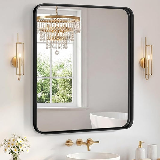 NEWBULIG 36X40 Inch Bathroom Mirror for Over Sink, Wall Vanity Mirrors Tempered Glass, Anti-Rust Metal Framed Rounded Rectangle, Hangs Horizontally or Vertically, Farmhouse Home Decor, Black