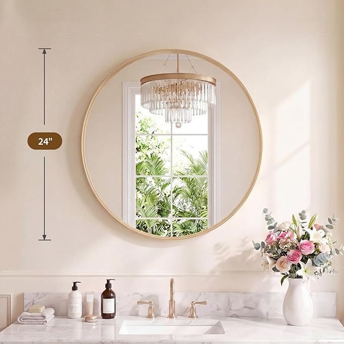 NEWBULIG 24-Inch Round Wall Mirror, Bathroom Wall Circle Mirror with Metal Frame, Bathroom Decor for Entryway, Living Room, Vanity, Gold