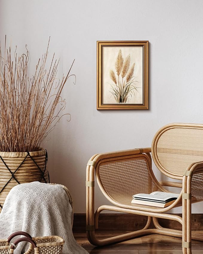 VIYYIEA Vintage Rustic Botanical Bohemian Farmhouse Neutral Wall Art Decor for Living Room Bedroom, Aesthetic Pampas Grass Watercolor Minimalist Pictures,12x16inch,Gold Framed Canvas Prints Paintings