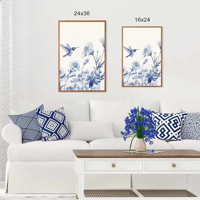 HLNIUC Vintage Blue Bird Flower Framed Canvas Wall Art,Large Chinoiserie Floral Wall Decor,Blue White Botanical Artwork Set of 3 (24x36),Watercolor Blossom Prints for Living Room,Bedroom,Office