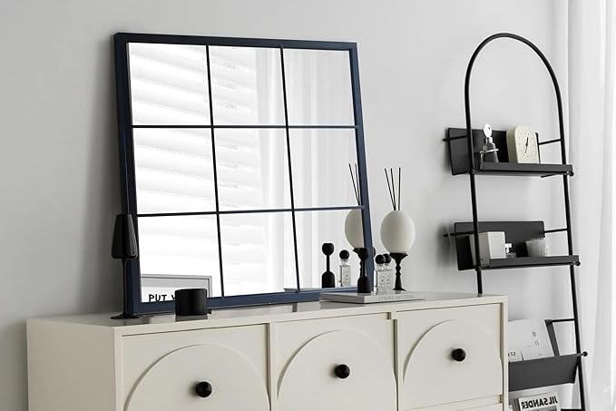 OUSHUAI Black Window Mirror 27"X27",Gird Decor Minimalism Wall Mounted Mirrors for Entryway,Hallway,Living Room,Fireplace