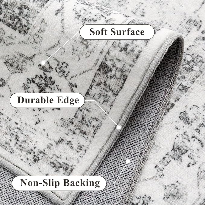 PureCozy Grey 2x3 Entryway Rug Vintage Area Carpet Indoor Kitchen Washable Door Mat Entrance Small Low Pile Traditional Distressed Retro Accent Throw Rug Non Slip Office Bathroom