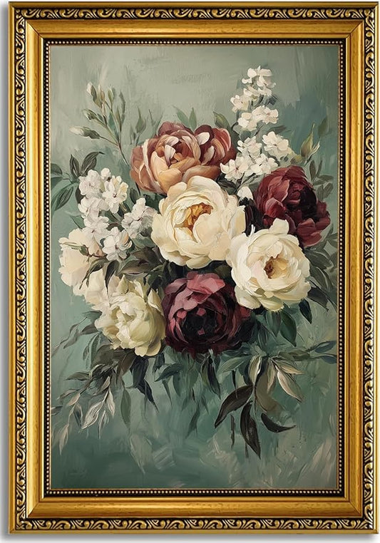 YD&YZY Gold Framed Vintage Wall Art Canvas Still Life Sage Green Flower Farmhouse Print Moody Floral Wall Decor Rustic Cottagecor Painting Picture Print for Dining Room Bedroom 16x24 inch Framed