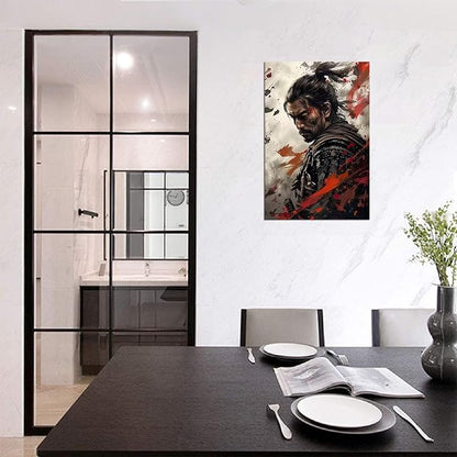 Samurai Wall Art Japan Painting Canvas Prints Warrior Figure Pictures Bushido Posters Japanese Culture Theme Artwork for Bedroom Classroom Dorm Living Room Aesthetic Decor Framed (28''W x 44''H)