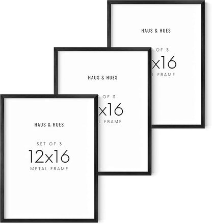 HAUS AND HUES 12x16 Black Metal Picture Frames - Features Premium Aluminum & Hanging Hardware, Shatterproof Plexiglass - Ideal for Home, Room, Office (12x16 in, Black, Set of 3)