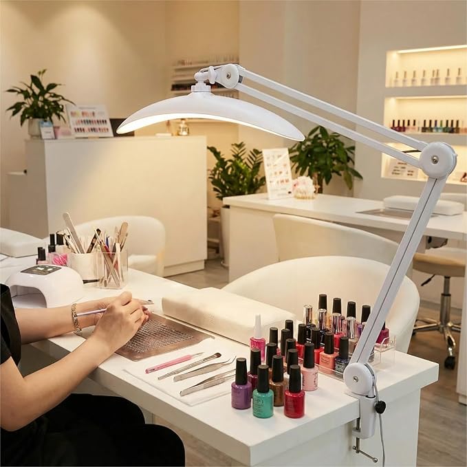 48W Eye-Caring LED Clip On Desk Lamp, 2700K/4200K/5600K with Clamp and Remote, Curved Design for Focused Lighting, CRI 95+ for Nail, Crafting, Painting, Hobby & Computer Monitor Light