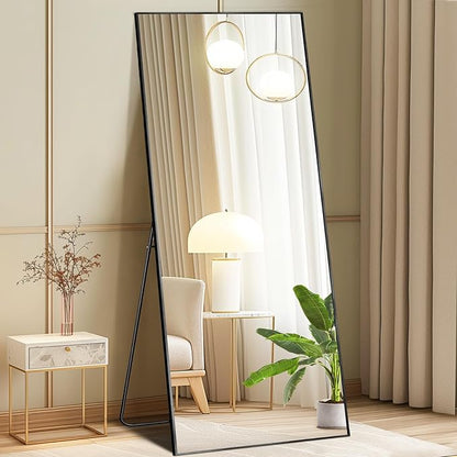 Mirror Full Length, Upgraded 21"x64" Body Wall Mirrors with Shatter-Proof Glass, Floor Standing, Hanging or Leaning, Tall Mirror with Stand Aluminum Alloy Frame for Bedroom, Black