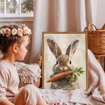 Framed Vintage Rabbit Canvas Wall Art, Cute Easter Bunny with Carrot Pictures Wall Decor, Spring Farmhouse Animal Paintings Prints Cottagecore Home Decor for Living Room kitchen Nursery 12x16 inch