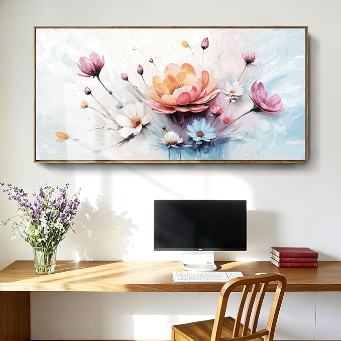 Large Framed Modern Canvas Wall Art, Abstract Natural Plant Print, Pink, Orange And Blue Textured Floral Artwork, Natural Wood Frame, Plant-Themed Wall Decoration, Suitable For Living Room, Bedroom, Dining Room, Study, Office, 48X24 Inches.
