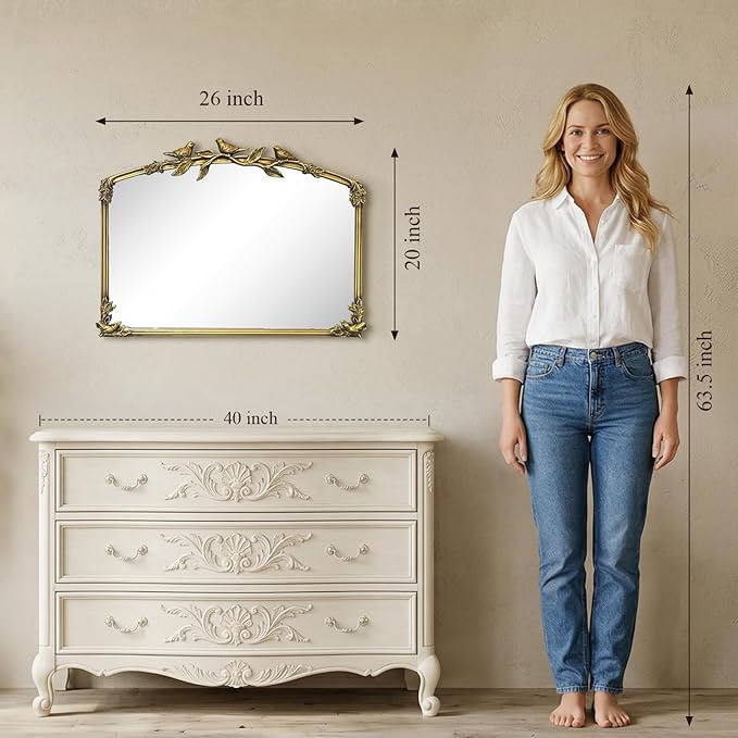 Gold Baroque Vintage Mirror for Vanity 19x25Inch Gold Antique with Ornate Frame, Arched Vintage Wall for Bathroom, Living Room, Fireplace, Entryway (Golden (Arched 6), 20"L x 26"W（Vertical ）)