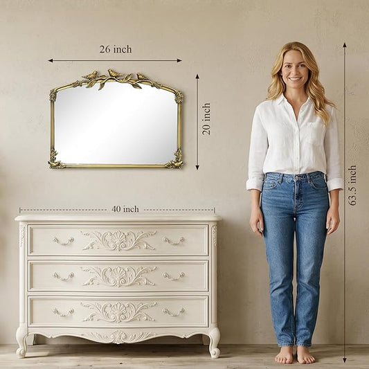 Gold Baroque Vintage Mirror for Vanity 19x25Inch Gold Antique with Ornate Frame, Arched Vintage Wall for Bathroom, Living Room, Fireplace, Entryway (Golden (Arched 6), 20"L x 26"W（Vertical ）)