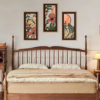 IARTTOP Wood Floral Framed Wall Art 8x16 Inch Set of 3 Abstract Green Leaf Butterfly Wooden Wall Decor Minimalist Nature Landscape Artwork for Living room Bedroom Dining room
