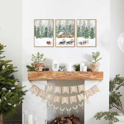 CHDITB Santa Claus Reindeer Sleigh Framed Canvas Wall Art(12"x16"), 3 Panels Christmas Winter Holiday Artwork Prints, Large Rustic Xmas Gift Snow Scene Forest Landscape Decor for Home Office Bedroom