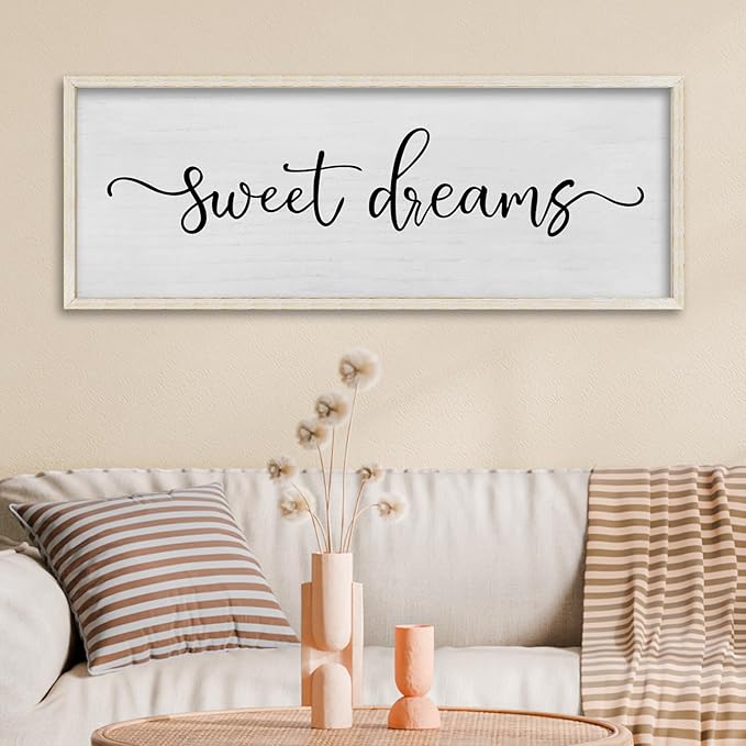 FZMHASLWW Bedroom Above Bed Wall Decor Sweet Dreams Sign 32"×12" Cozy Quote for Over Bed Farmhouse Large Rustic Minimalist Couples Horizontal Wall Hanging Decoration (White)