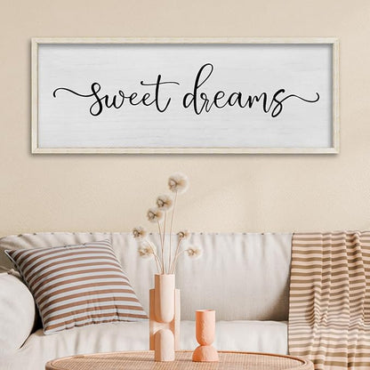 FZMHASLWW Bedroom Above Bed Wall Decor Sweet Dreams Sign 32"×12" Cozy Quote for Over Bed Farmhouse Large Rustic Minimalist Couples Horizontal Wall Hanging Decoration (White)