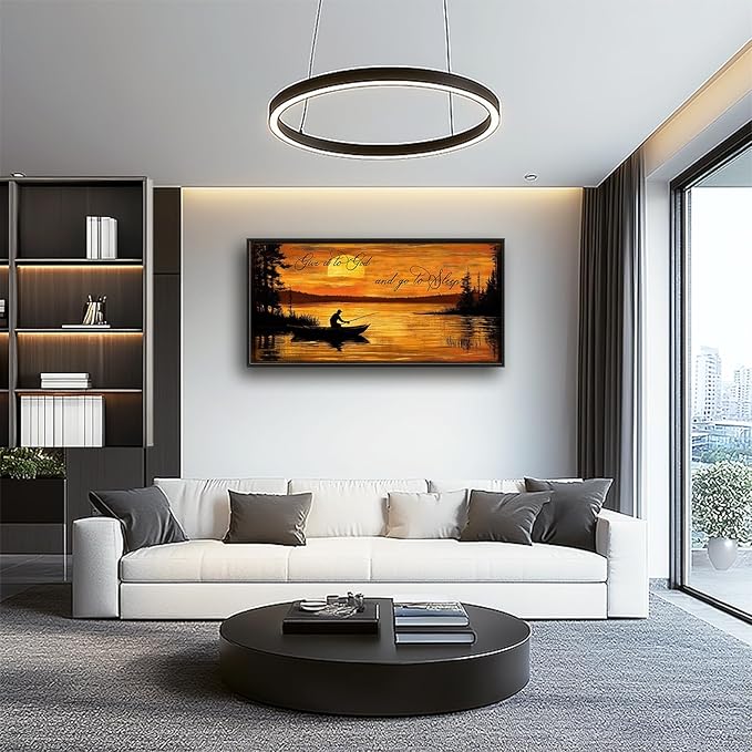 Fishing Large Wall Art for Living Room Farmhouse Give It to God and Go to Sleep Canvas Decor Rustic Fisherman Prints Painting Pictures Extra Large Farm Fish Sunset Framed Artwork for Bedroom 30"x60"