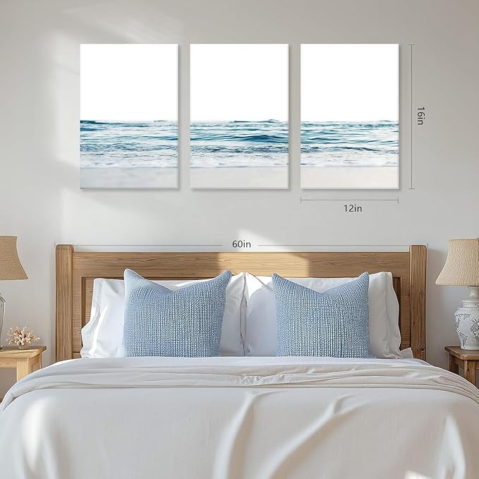 KESAIFEI 3 Piece Blue Waves Canvas Wall Art Set for Living Room Blue Wall Art, Beach Art Coastal Wave Paintings Wall Decor for Living Room, Bedroom, Bathroom, Office Ready to Hang 12x16 Inches.