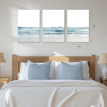 KESAIFEI 3 Piece Blue Waves Canvas Wall Art Set for Living Room Blue Wall Art, Beach Art Coastal Wave Paintings Wall Decor for Living Room, Bedroom, Bathroom, Office Ready to Hang 12x16 Inches.