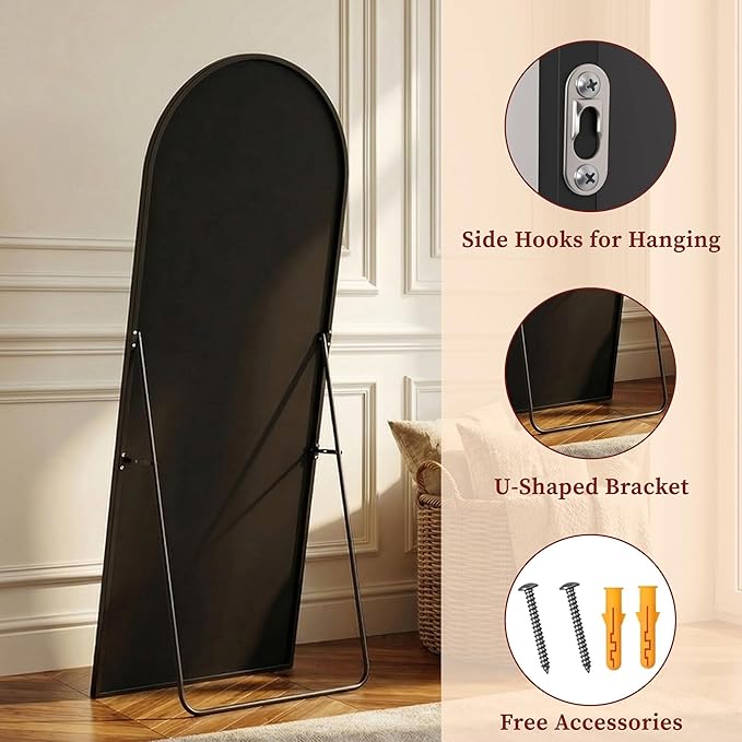Suidia 76"x34" Arched Full Length Mirror with Stand, Full Body Mirror with Aluminum Frame, Freestanding/Leaning/Wall-Mounted, Floor Mirrors for Bedroom, Living Room, Entryway, Dressing Room, Black
